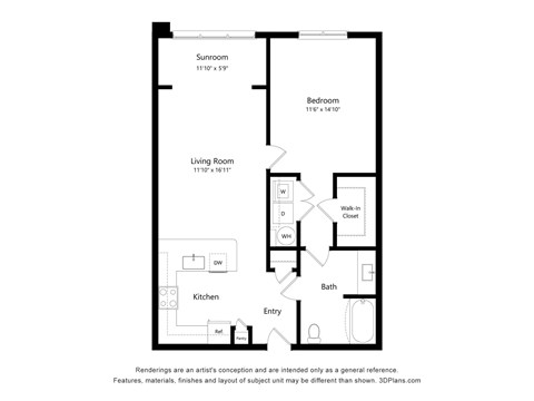Floor plan for 1 bed, 1 bath, 826 sqft